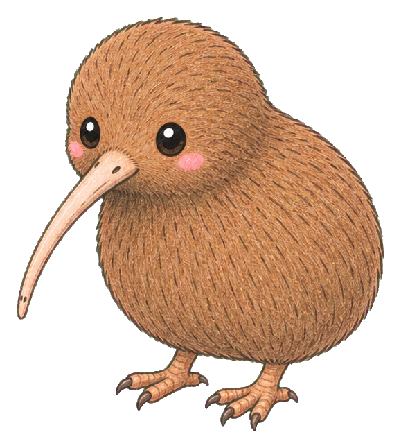 Cute round kiwi bird sticker with brown feathers, pink cheeks, and a long beak