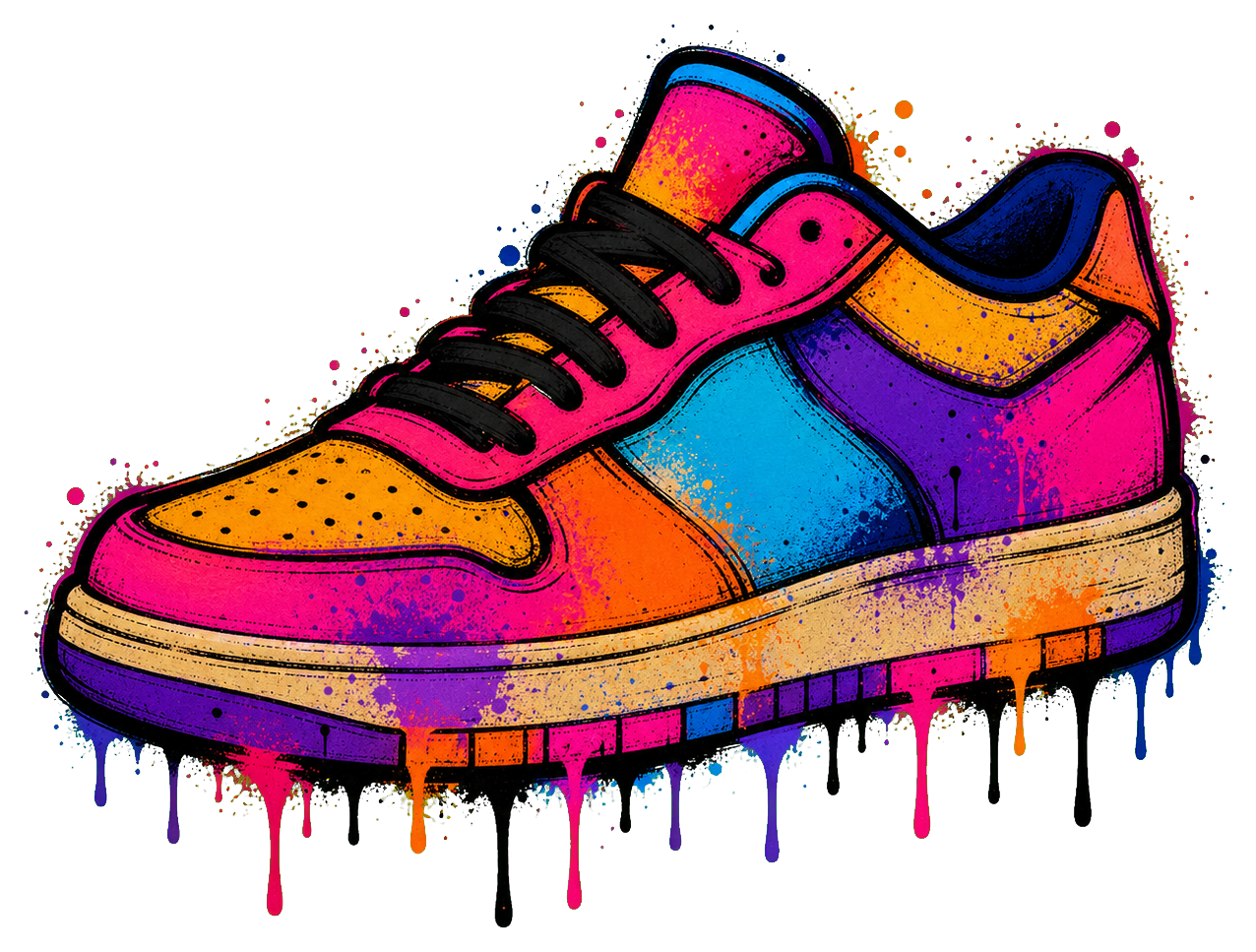 Colorful sneaker with graffiti paint drips in bright pink, blue, orange, and yellow.