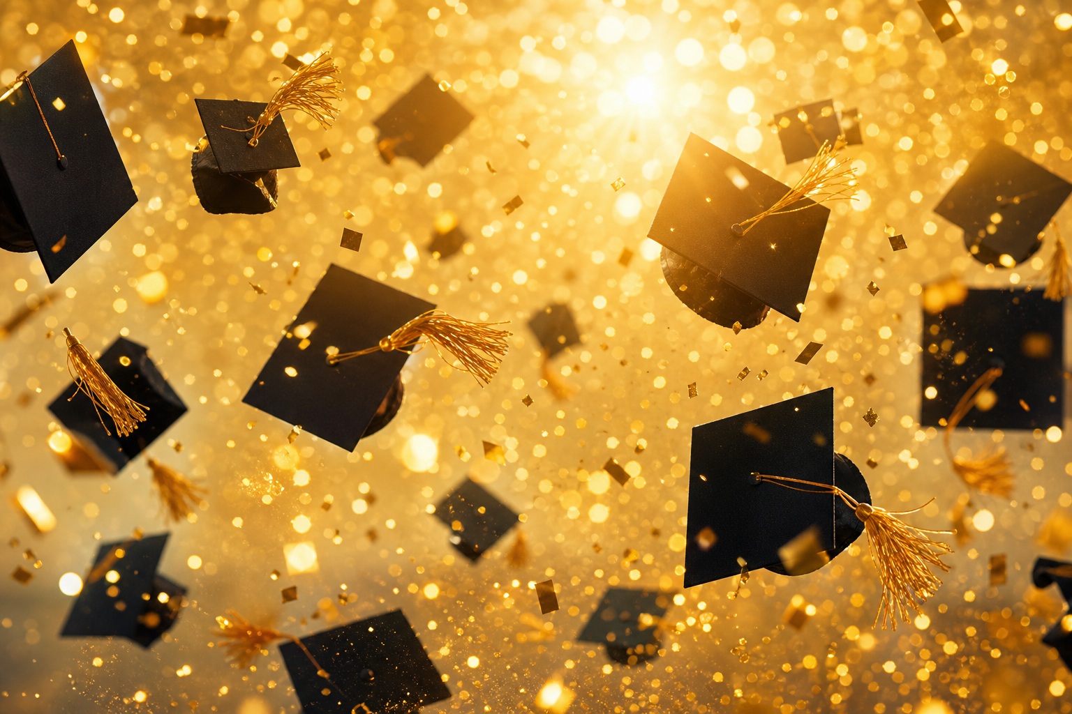 Black graduation caps floating over a gold bokeh celebration background
