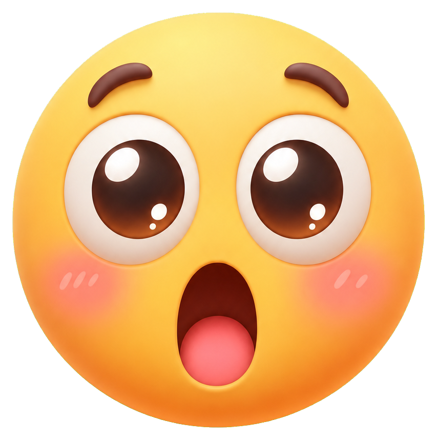 Cute stunned face with wide eyes, blushing cheeks, and open mouth.