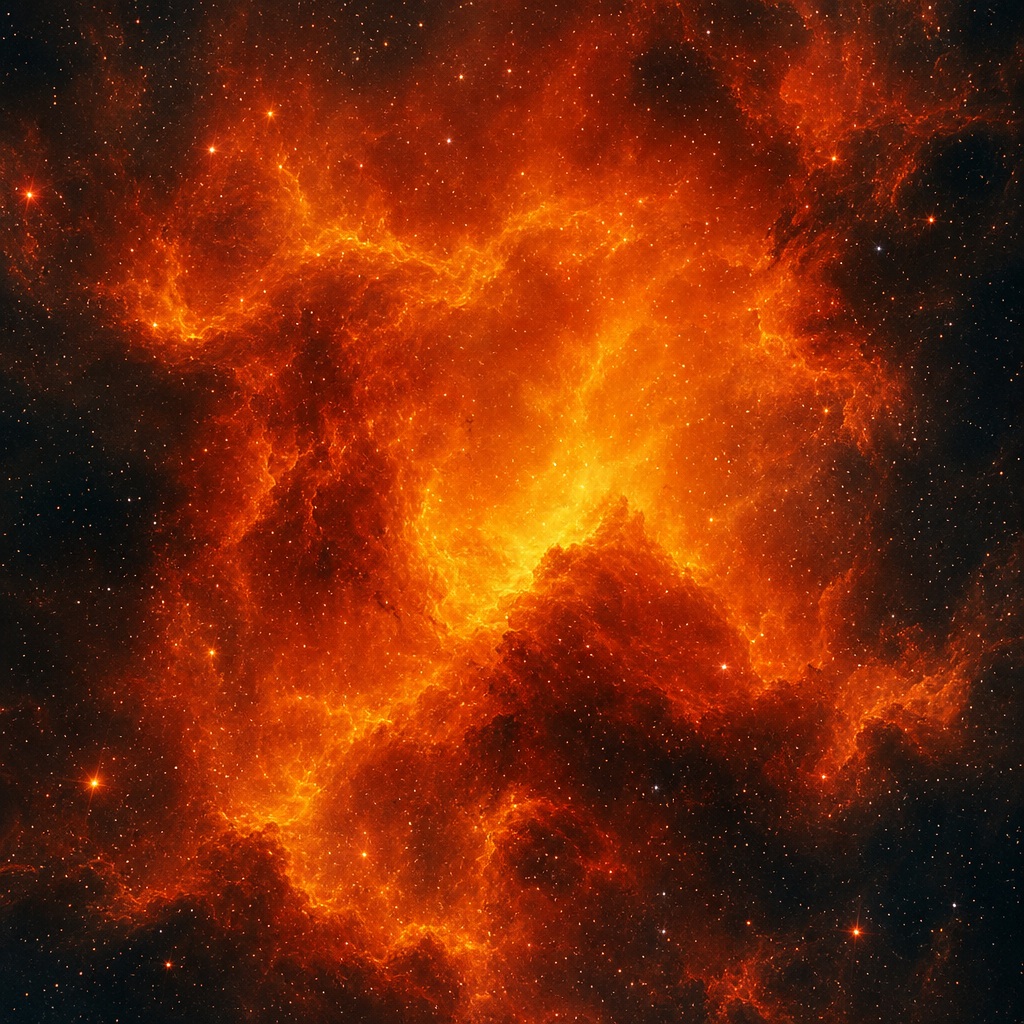 Square orange nebula cloud with scattered stars on a dark space background.