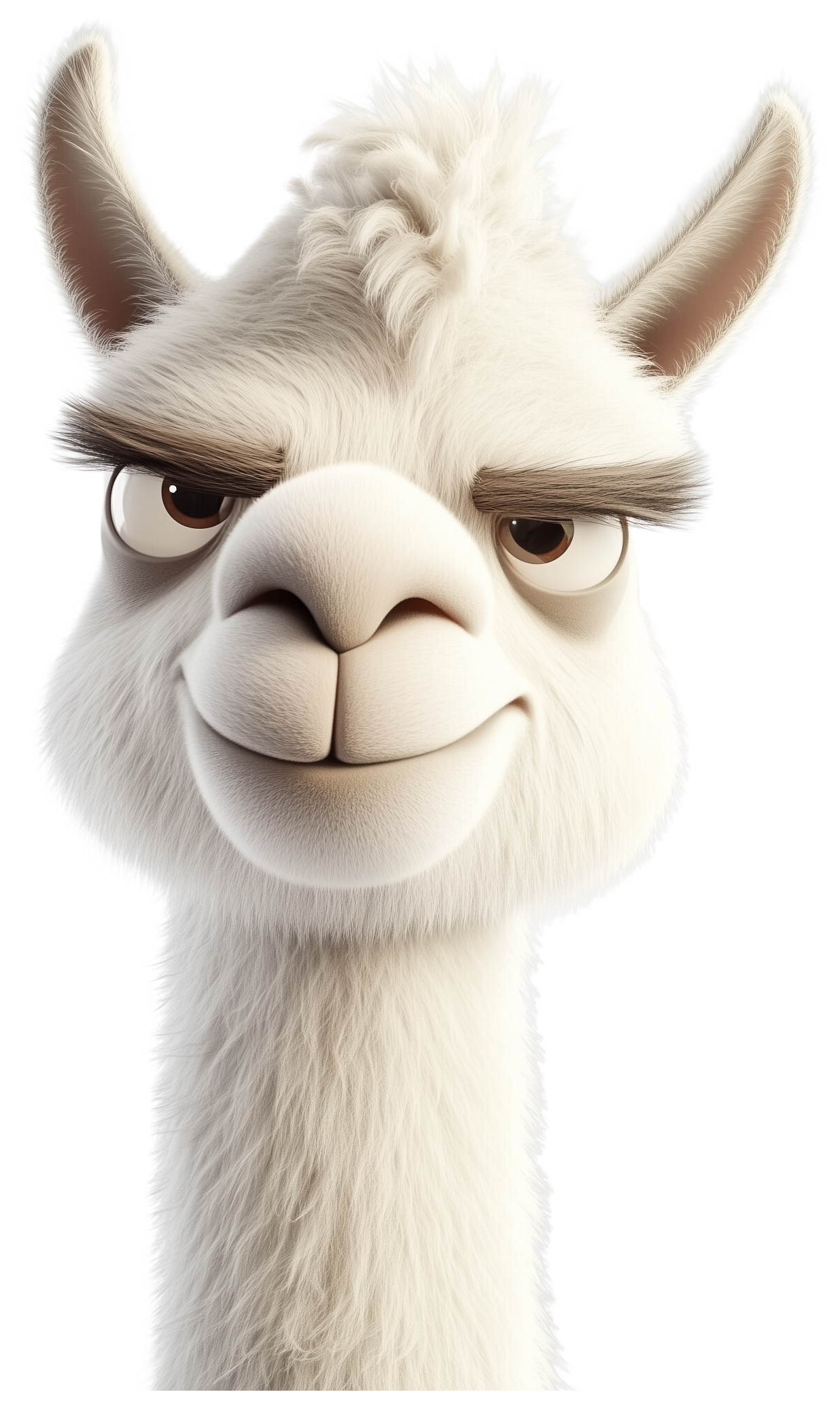 Cute 3D llama head with a fluffy white face and upright ears