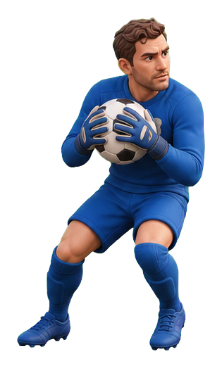 Clay-style goalkeeper crouching and holding a soccer ball with both hands.