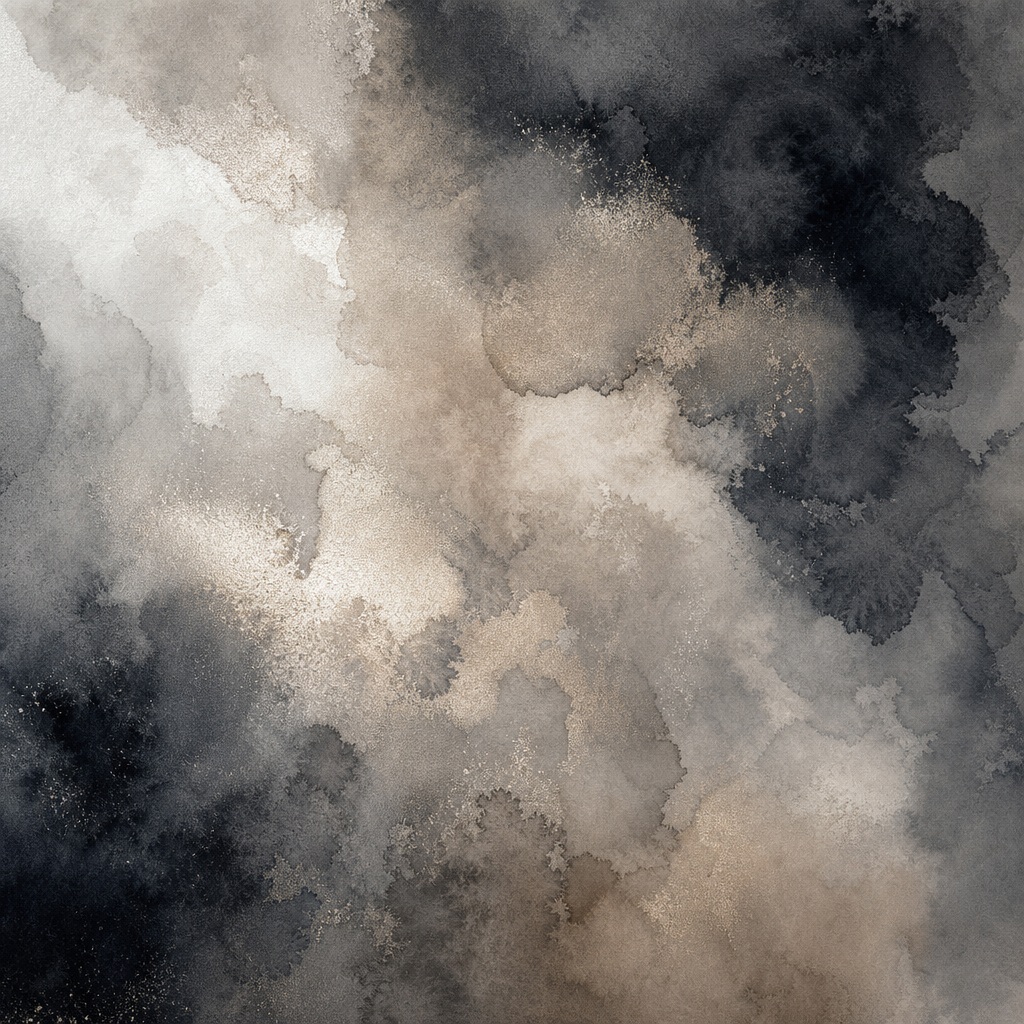 Abstract watercolor wash with dark charcoal edges and soft beige mineral tones