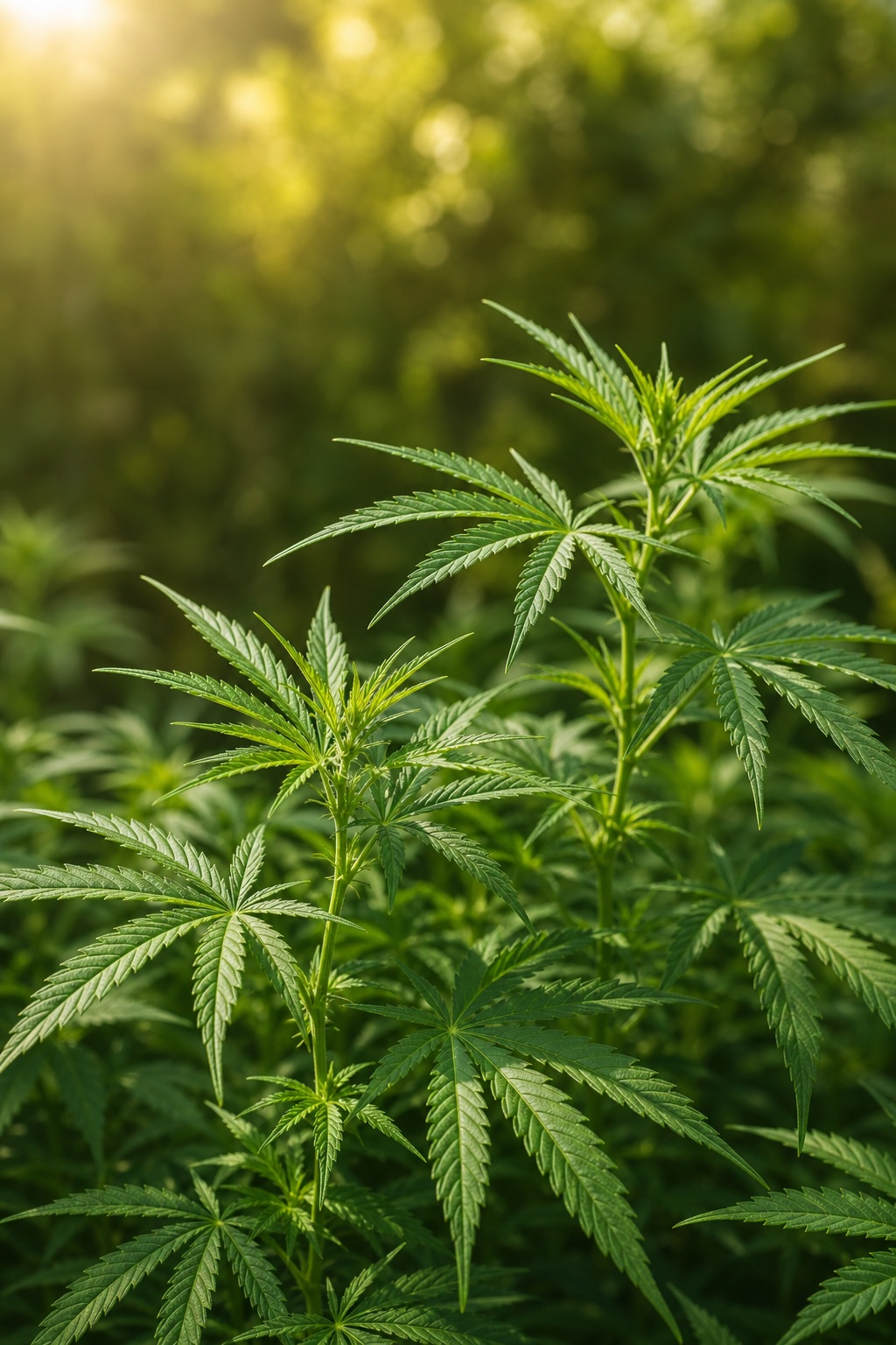 Vertical cannabis leaves growing against a soft blurred green background.