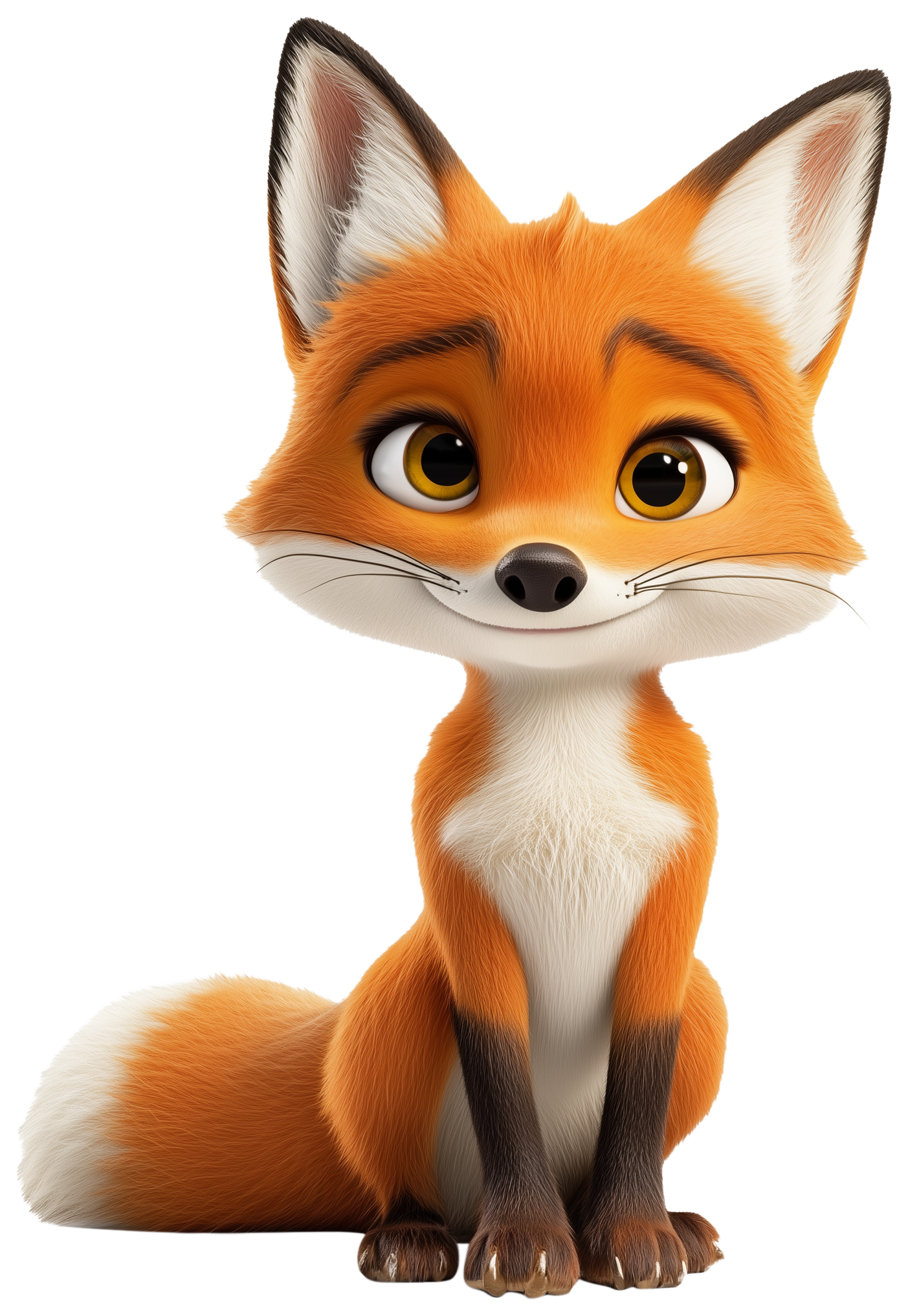 Cute 3D fox sitting with large eyes and a fluffy tail