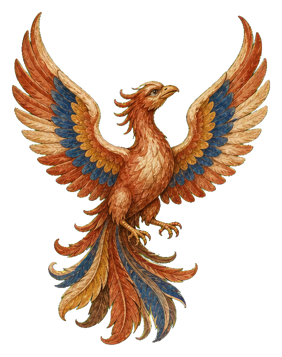 Painterly phoenix with spread wings in warm gold, orange, and blue tones