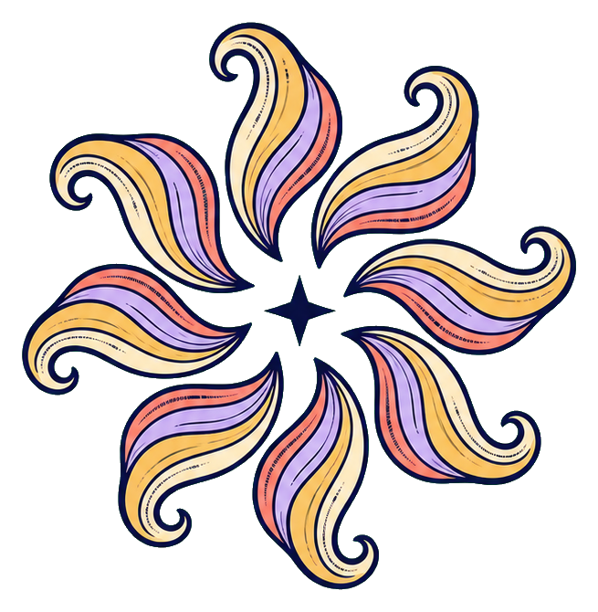 Colorful spiral star bloom with curved petal shapes radiating from a dark center