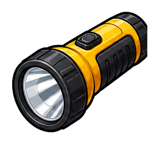 Yellow and black flashlight sticker with a silver lens and dark grip