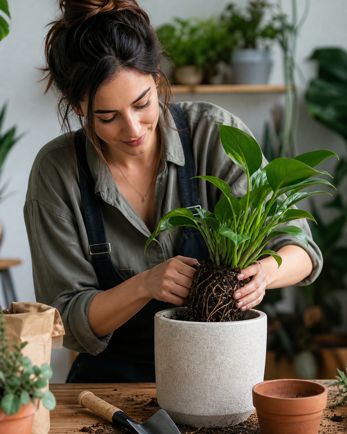 Woman potting a green houseplant into a white planter at a wooden table.