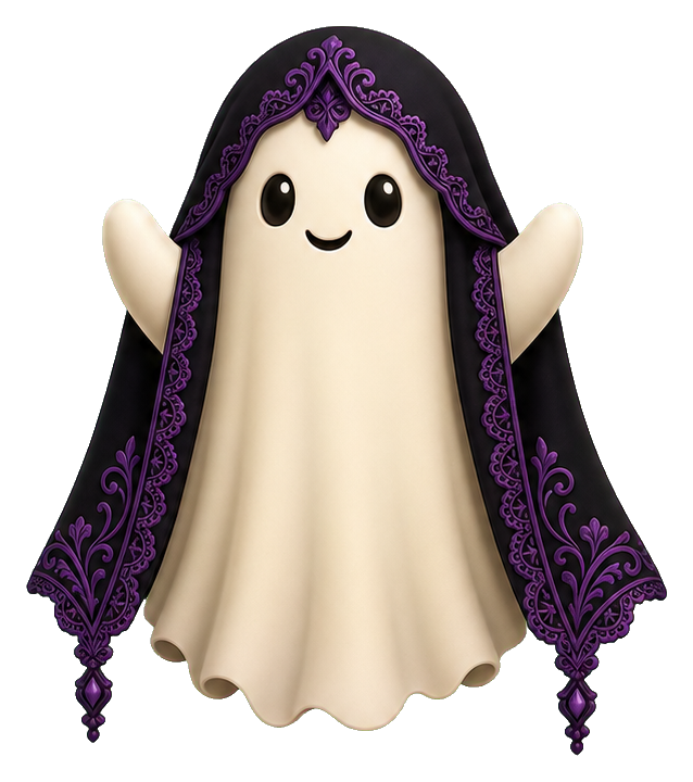 Cute ghost with a dark lace veil draped over its body and raised arms