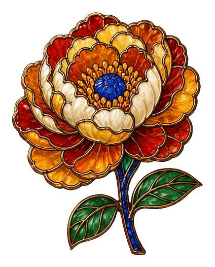 Stained glass peony flower with amber petals, blue center, and green leaves