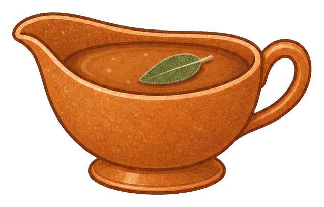 A warm brown gravy boat with a handle and leaf garnish