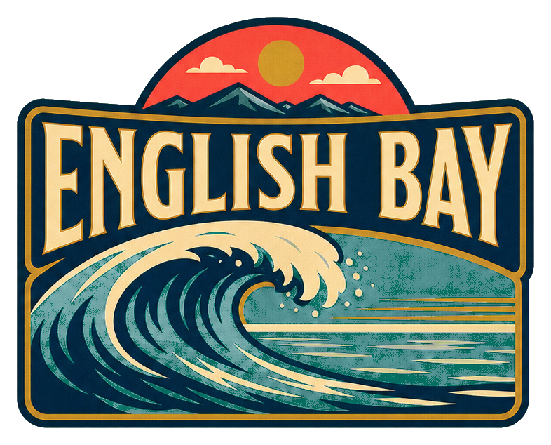 Retro English Bay text sticker with a curling wave and sunset colors