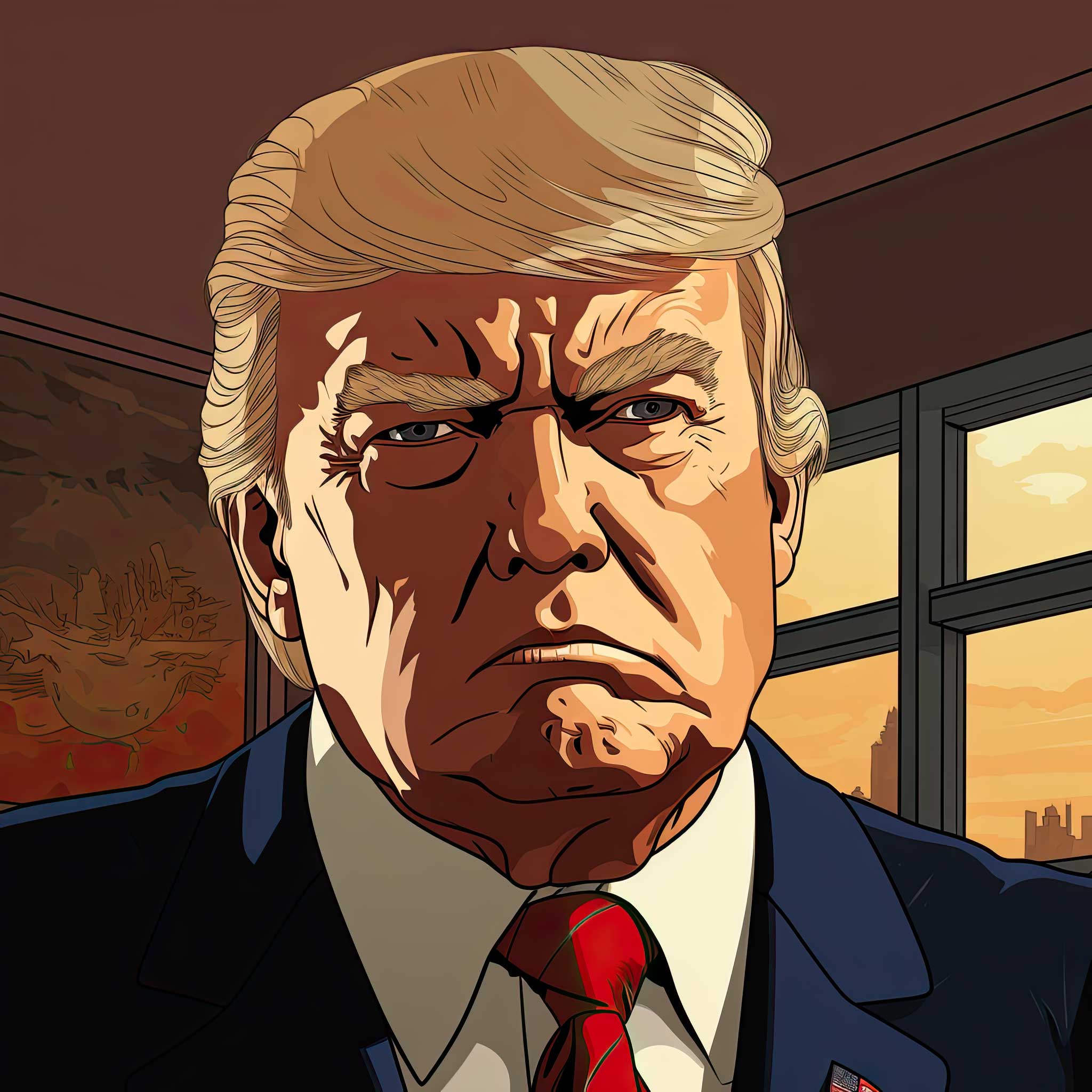 Illustrated portrait of Donald Trump in a suit and red tie against a warm sunset background
