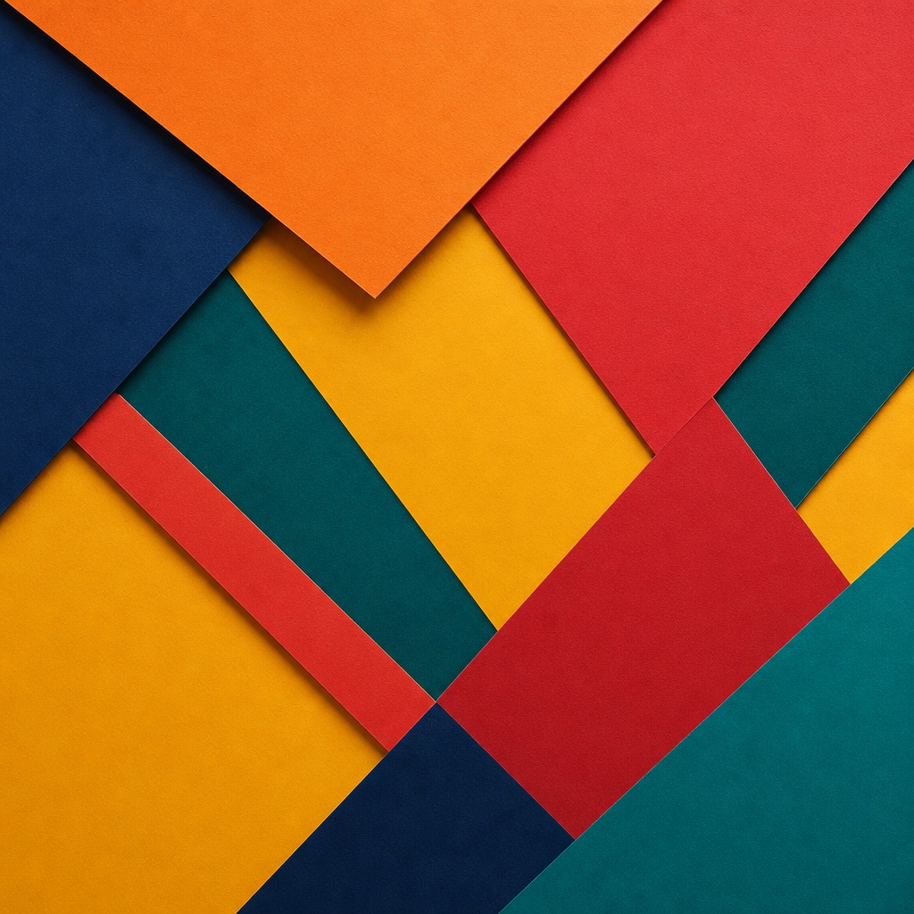 Bold paper cut geometric shapes in orange, red, teal, yellow, and navy with layered diagonal bands.