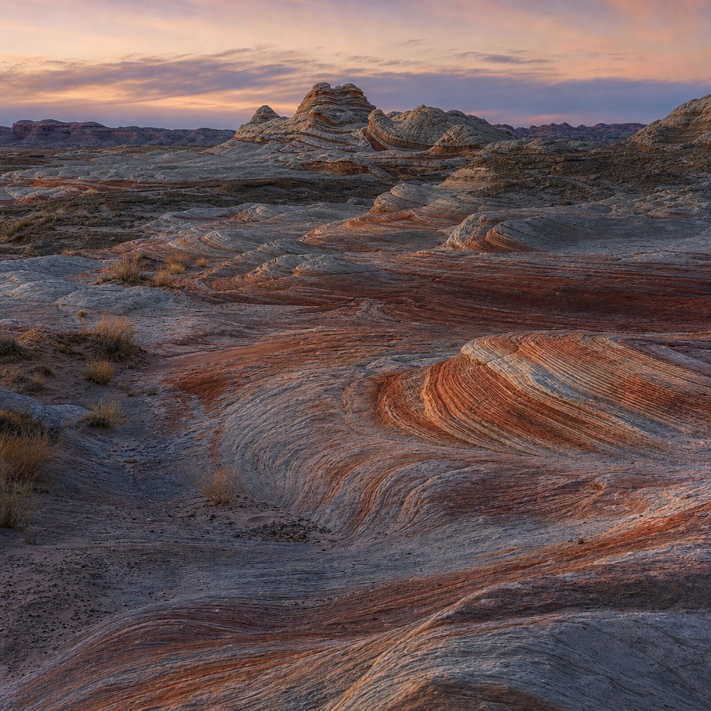 Layered petrified dunes and rocky desert ridges under a soft sunset sky