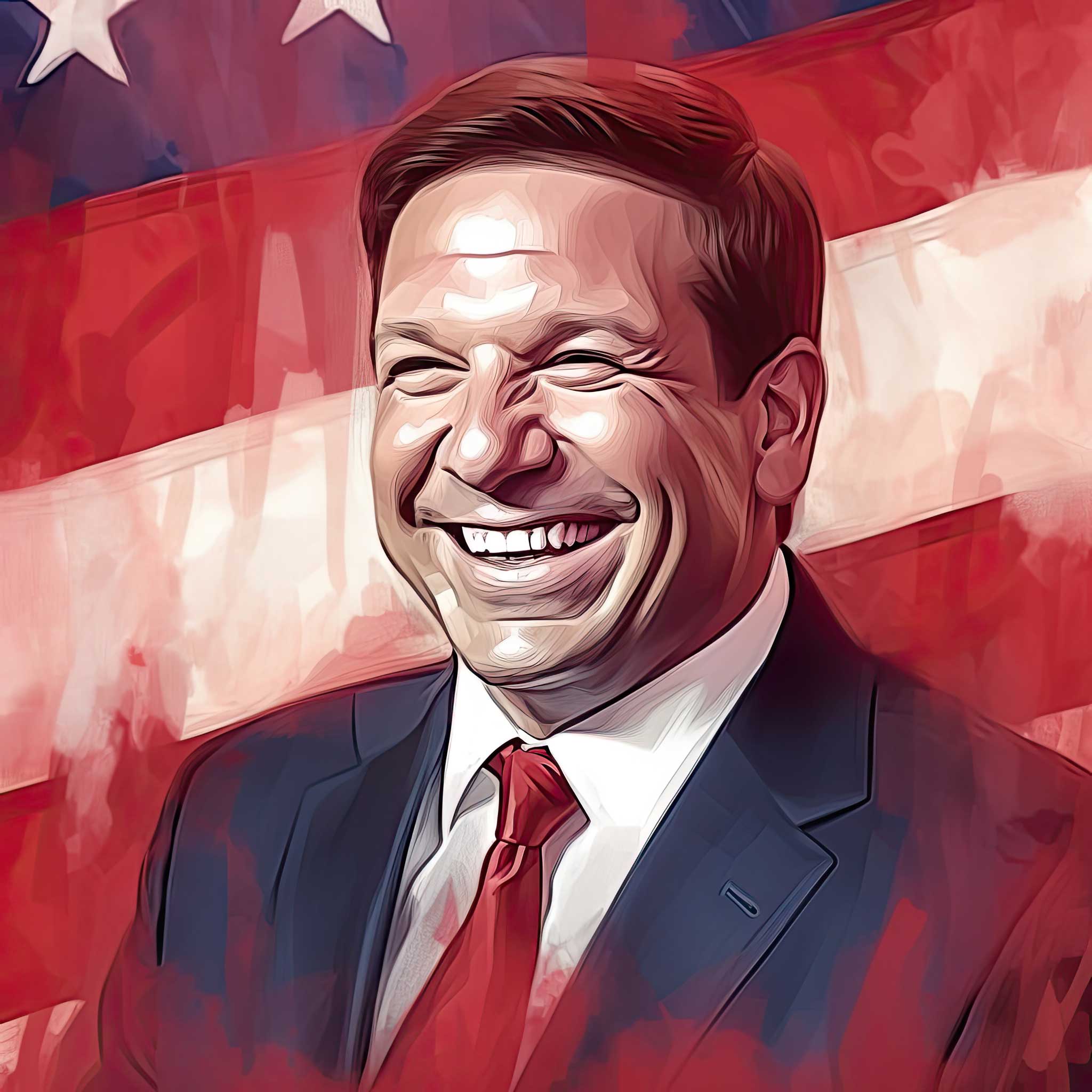 Stylized portrait of Ron DeSantis smiling in front of a red, white, and blue background