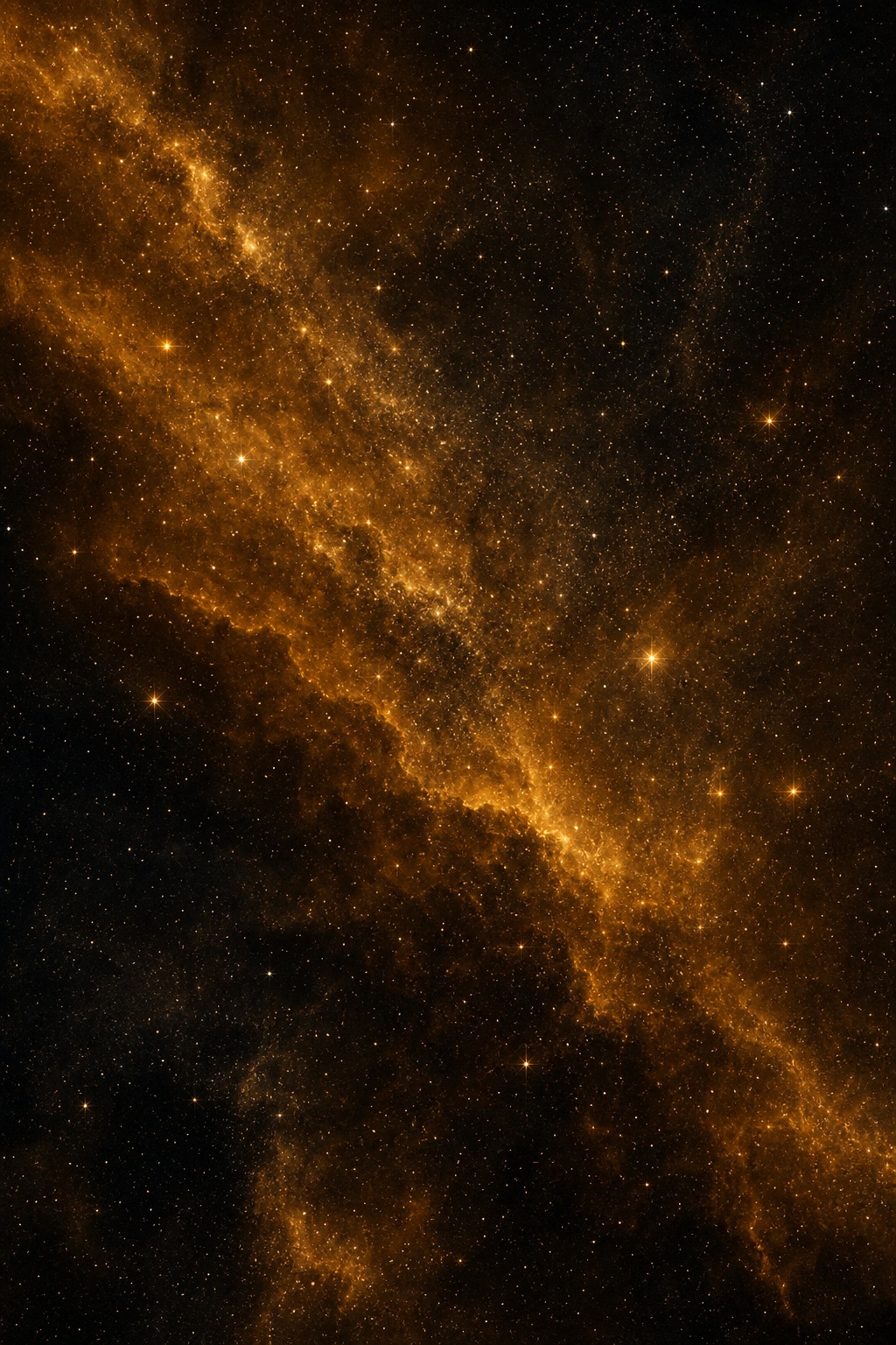 Warm amber cosmic dust forming a glowing diagonal nebula across a dark starfield