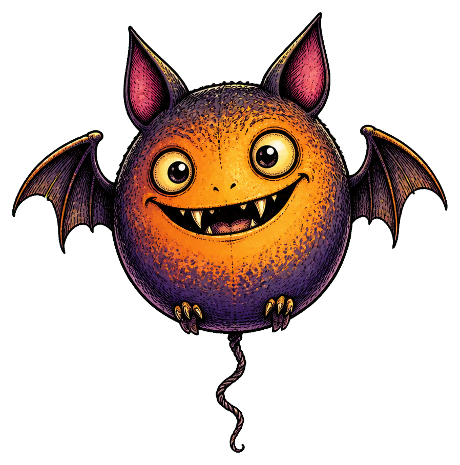 Round orange monster with bat wings, pointed ears, and a mischievous grin.