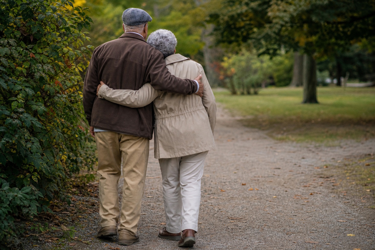 Elderly couple walking arm in arm down a tree-lined park path