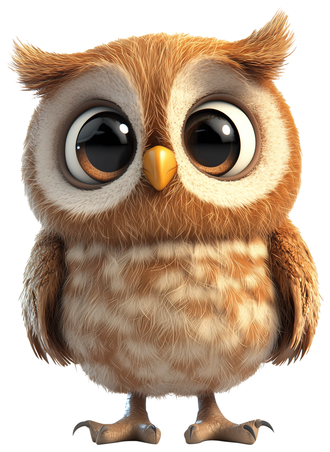 A cute 3D-style owl with big eyes and small feet.