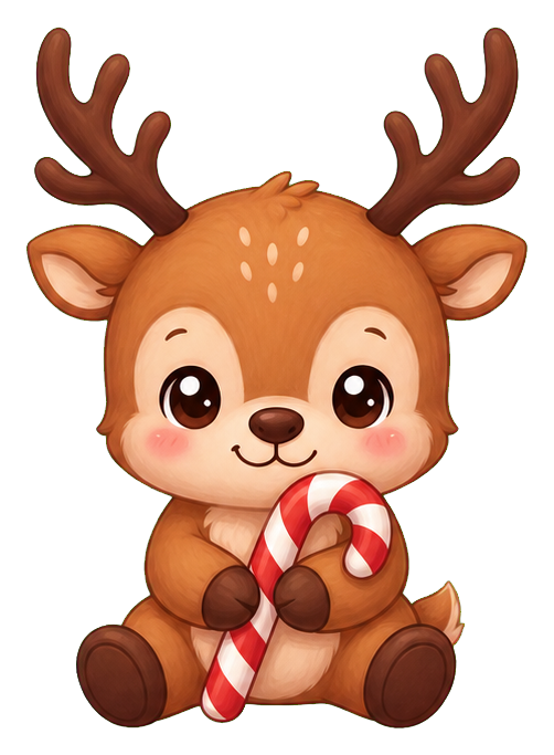 Cute cartoon reindeer holding a red and white candy cane.
