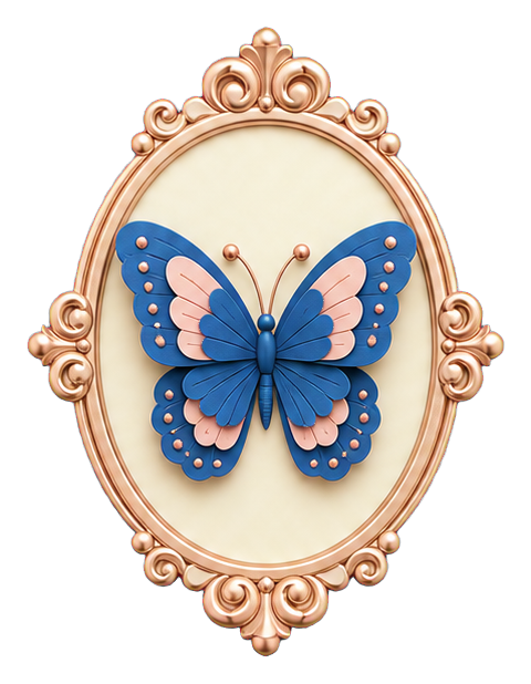 Blue butterfly centered inside an ornate oval cameo frame
