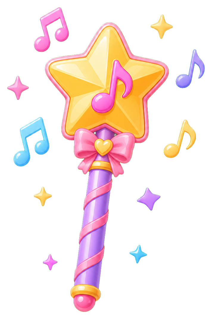 Colorful star wand with music notes and sparkles on a transparent background