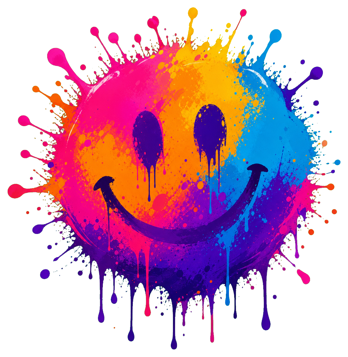 Colorful splatter blob with a smiling face and dripping paint edges