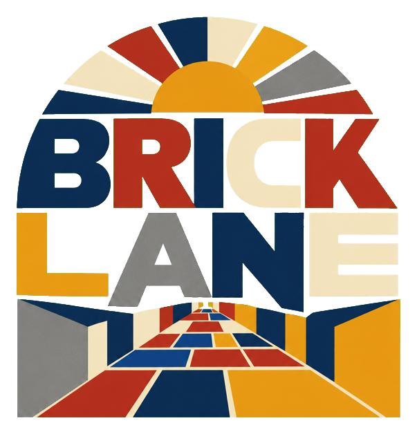 Retro Brick Lane text with a sun and stylized road graphic.