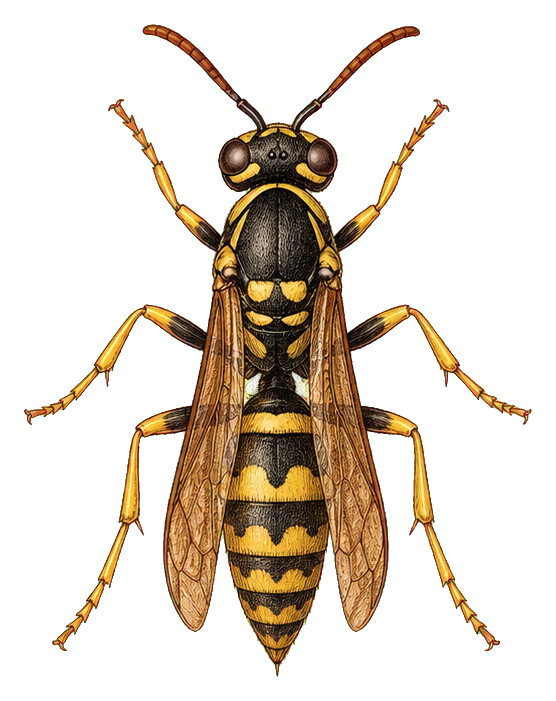 Vintage illustrated insect specimen with striped body and outstretched wings
