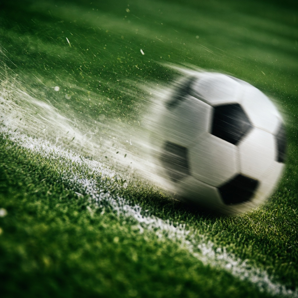 Blurred soccer ball speeding across green turf with stadium lights in the background