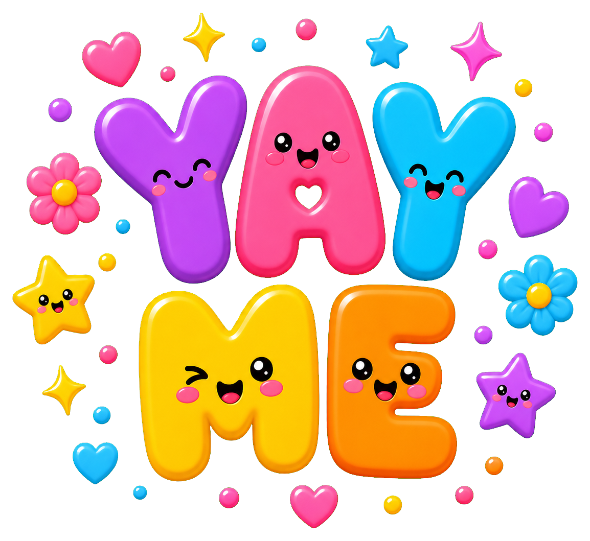 Colorful YAY ME word art with hearts, stars, and smiling letters