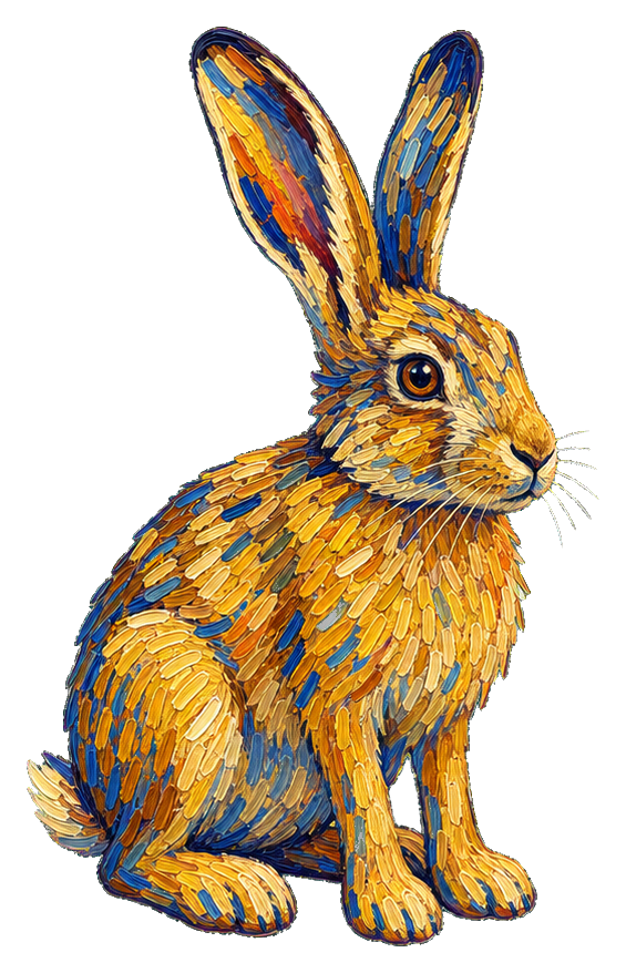 Painterly brown hare sitting with long ears and blue and gold brushstroke styling