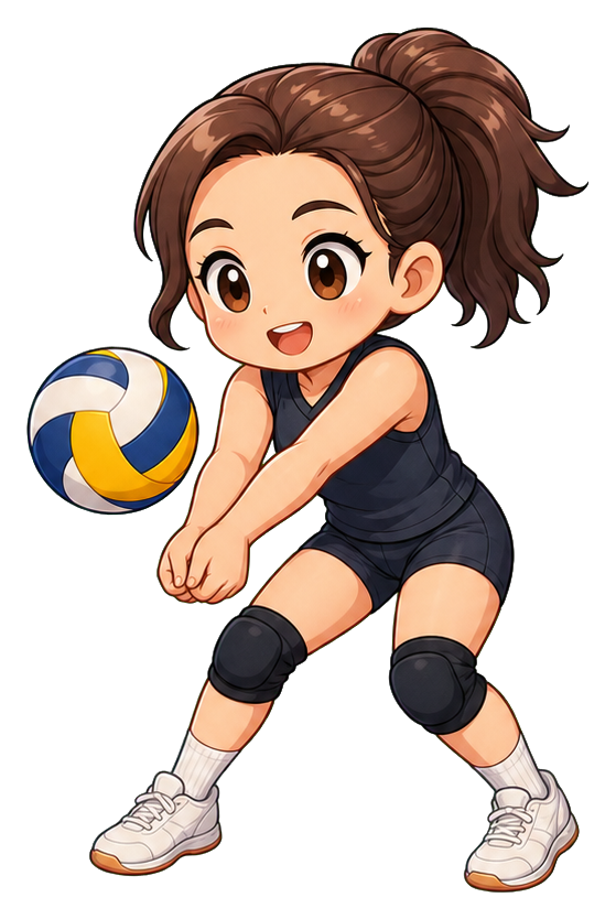 Cute cartoon volleyball player passing a volleyball in a dynamic crouched pose.