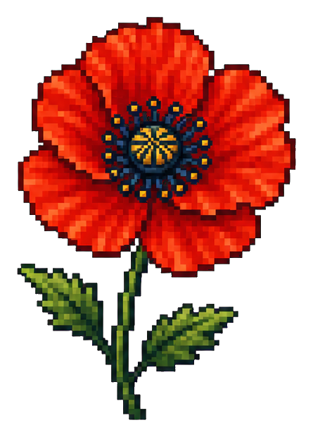 Red pixel art poppy flower with green stem and leaves