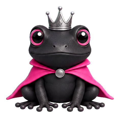 Black frog wearing a silver crown and pink cape with bright pink eyes.