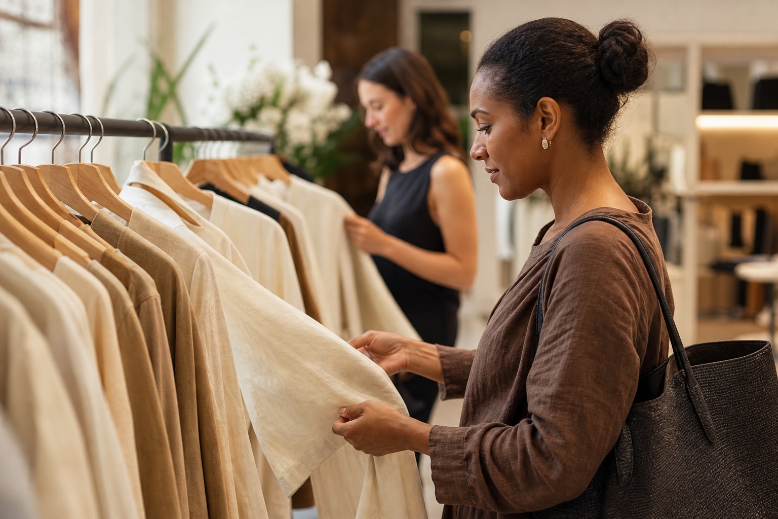 Two women browsing clothing on racks in a stylish boutique interior.