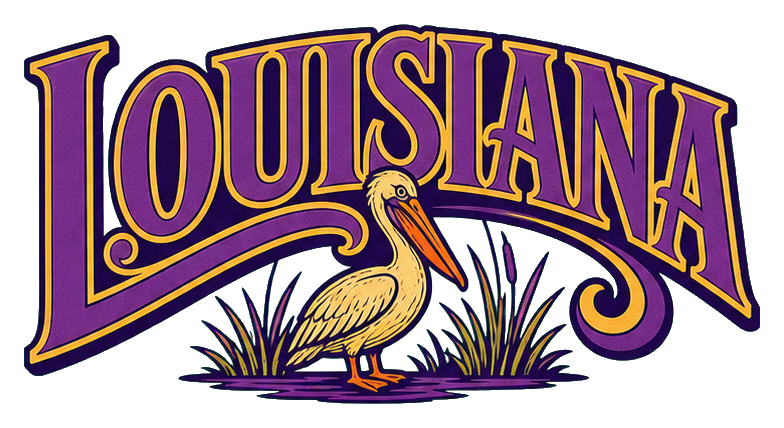 Retro Louisiana word art with a pelican standing under arched lettering