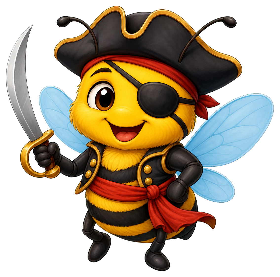 Cute cartoon bee in a pirate hat with eyepatch, sword, and red scarf