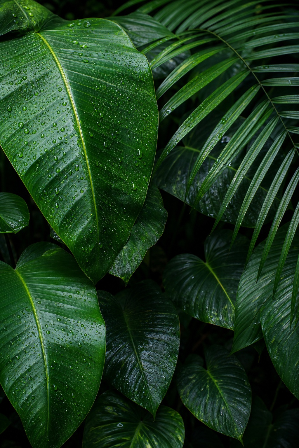 Close-up of large green tropical leaves with sunlight and shadow patterns