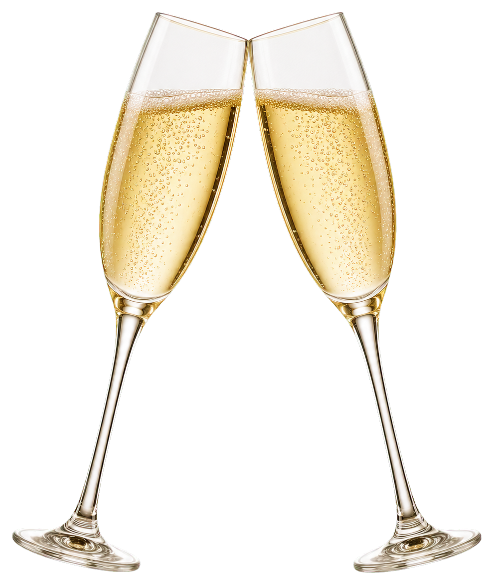 Two champagne flutes filled with sparkling champagne leaning together in a toast