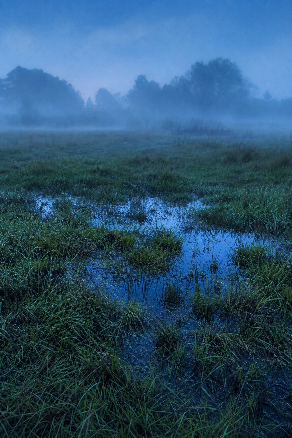 Foggy meadow with blue mist and a shallow reflective puddle in the grass
