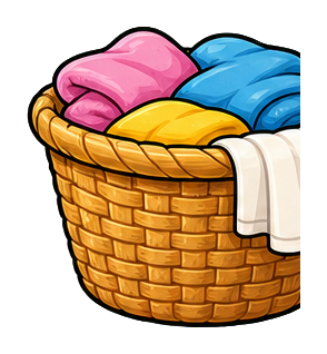 Woven laundry basket filled with folded clothes and a hanging towel