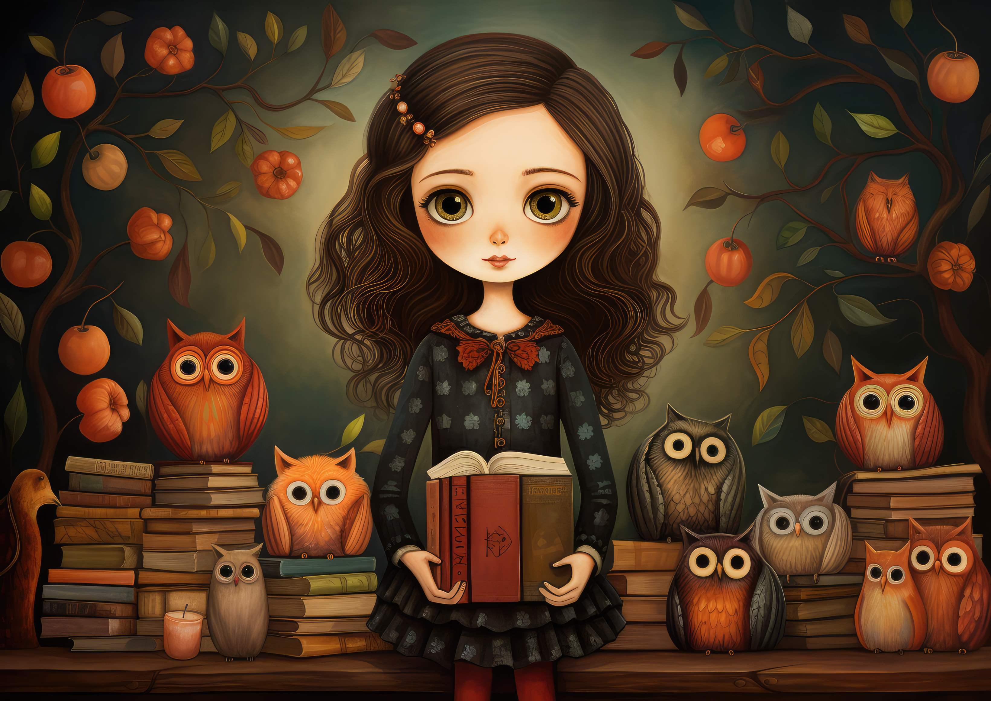 Preview for Whimsical-girl-owls-library-animal-background-ace23