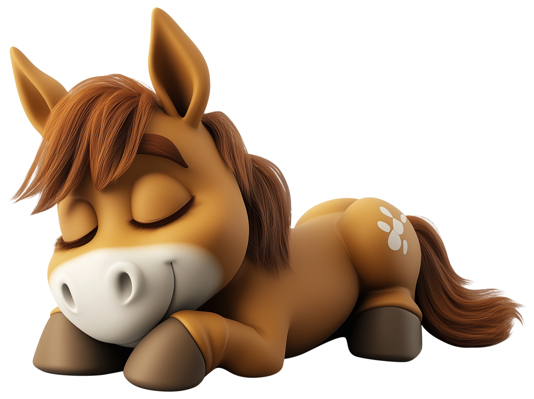 Cute cartoon horse sleeping with eyes closed and head resting on the ground.