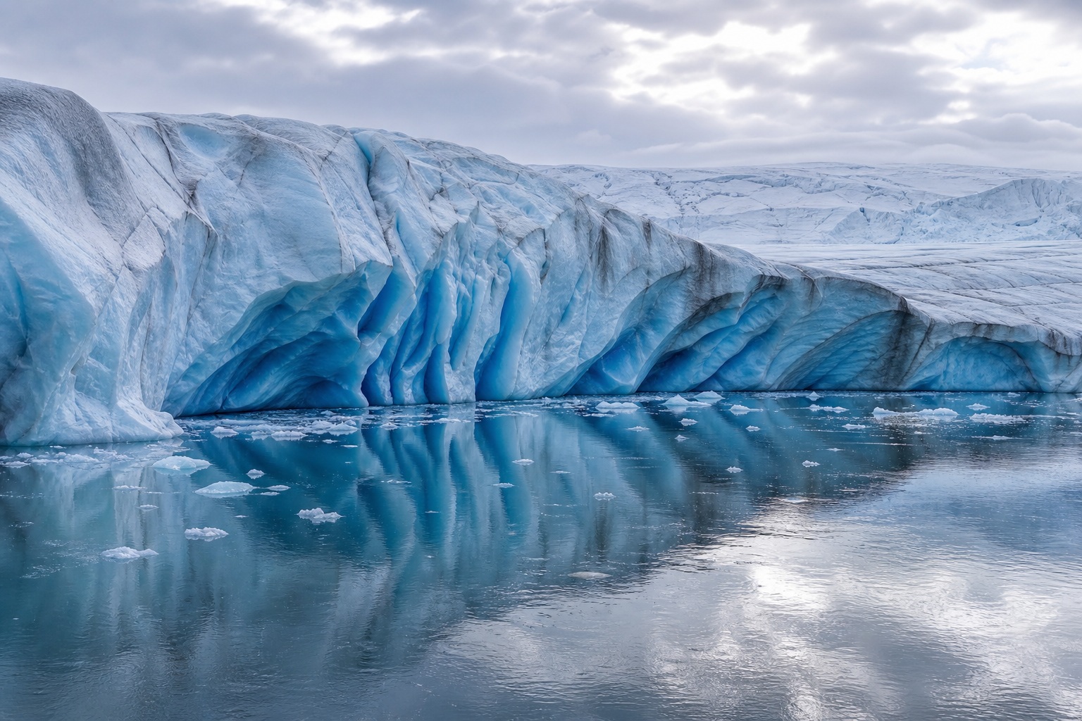 Blue glacier cliffs reflecting in calm polar water under a cloudy sky