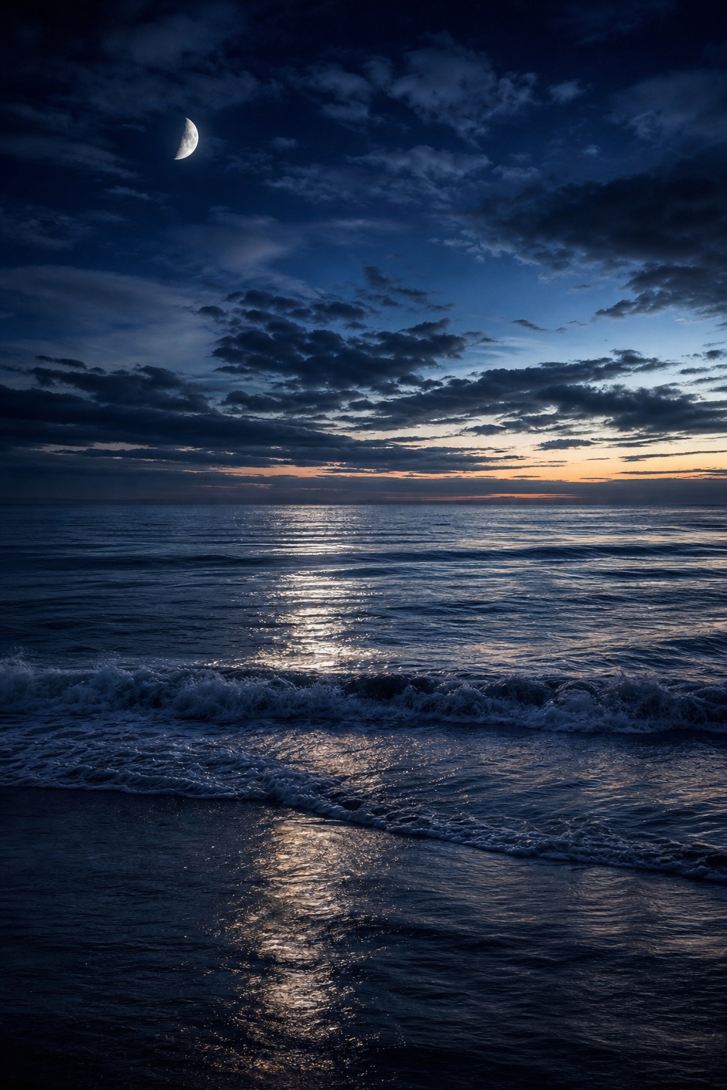 A crescent moon over a dark ocean with cloud reflections on the water