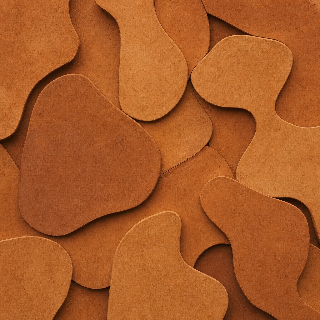 Layered matte clay abstract shapes in warm earthy ochre tones